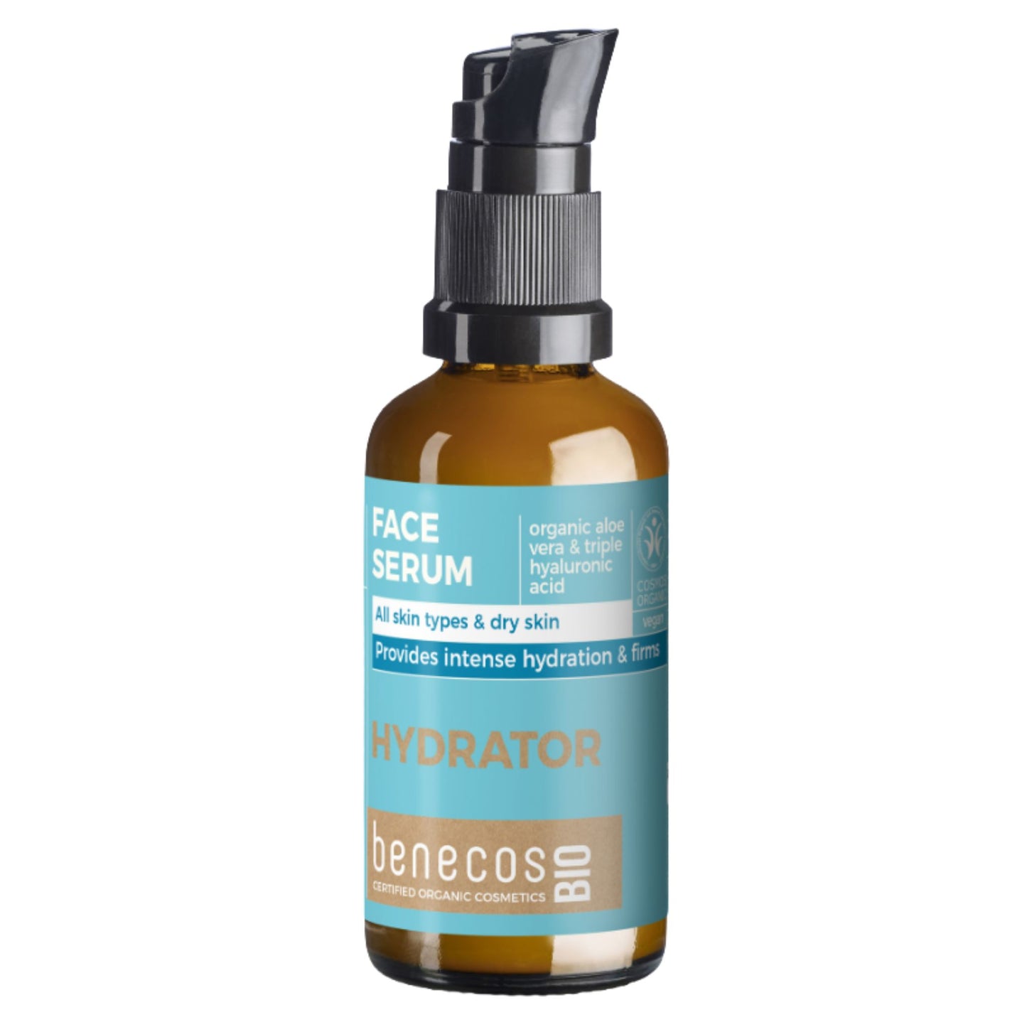 A bottle of Benecos Bio Hydrator Face Serum in an amber glass bottle with a black pump dispenser and a light blue label.