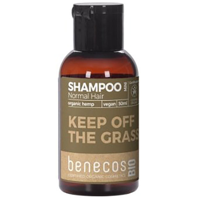 benecos Bio Organic Hemp Shampoo for normal hair in a brown bottle with a flip top cap