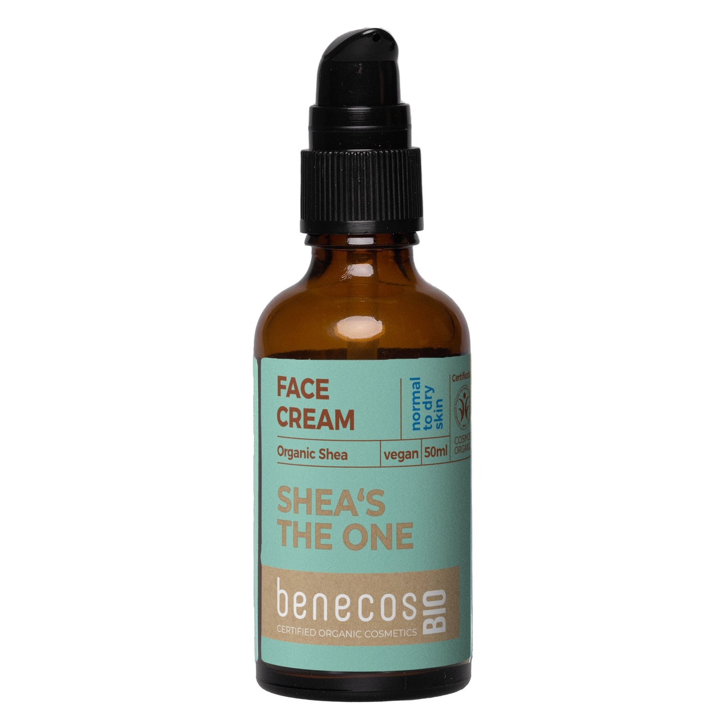 An amber glass dropper bottle of benecos BIO Face Cream with a black pump cap and a light teal label, shown on a plain white background.