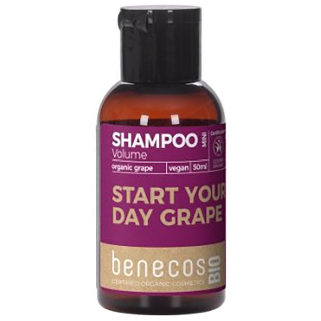 Benecos bio volume shampoo grape mini is in a brown bottle with flip top cap.