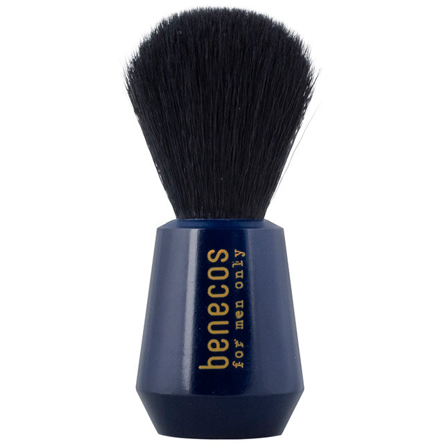 Benecos For Men Only Shaving brush with black bristles on a navy blue base.