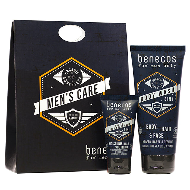 Benecos Mens Care Gift Set includes Benecos for Men Only 3 in 1 body wash and benecos for men only face and after shave balm 2 in1 . Tubes are n a Cardboard box