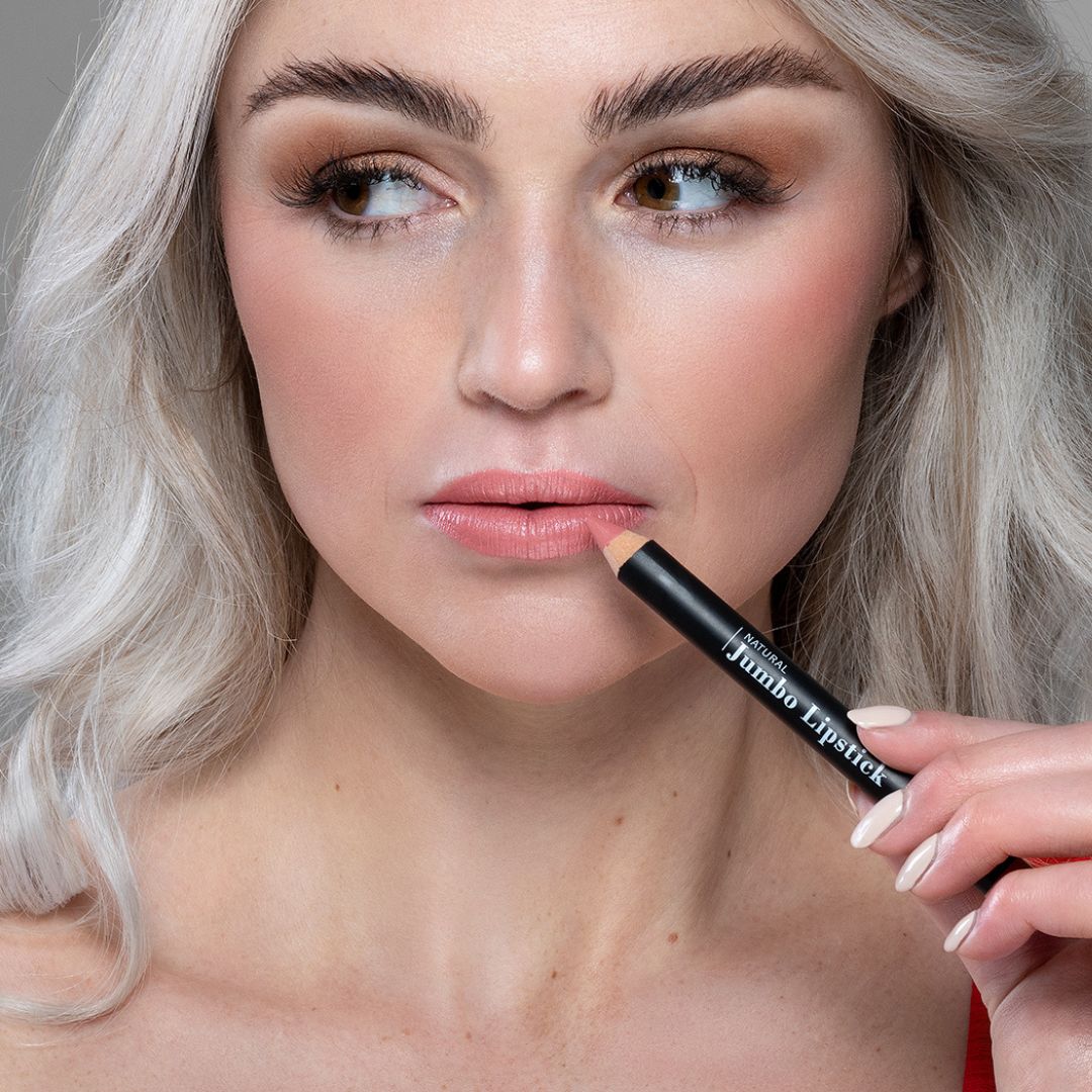 Benecos natural jumbo lipstick pencil with a model.