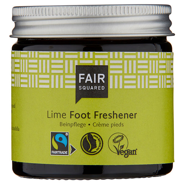 Fair Squared Lime Foot Freshner with Fair trade ingredients, certified vegan in a brown glass jar with a screw top lid