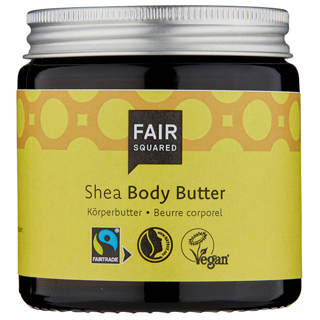 Fair Squared Shea Body Butter with fair trade ingredients is in azero waste brown glass jar with a screw top lid