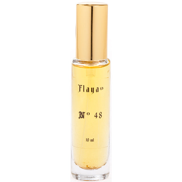 Flaya Eau de Parfume No. 48, 10ml in a slender clear glass spray bottle with a gold coloured lid.