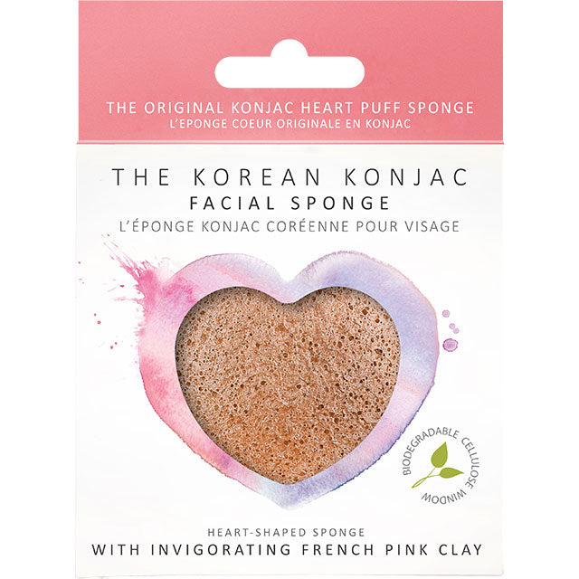 Heart Shaped Korean Konjac Facial Sponge with invigorating french pink clay in a biodegradable box