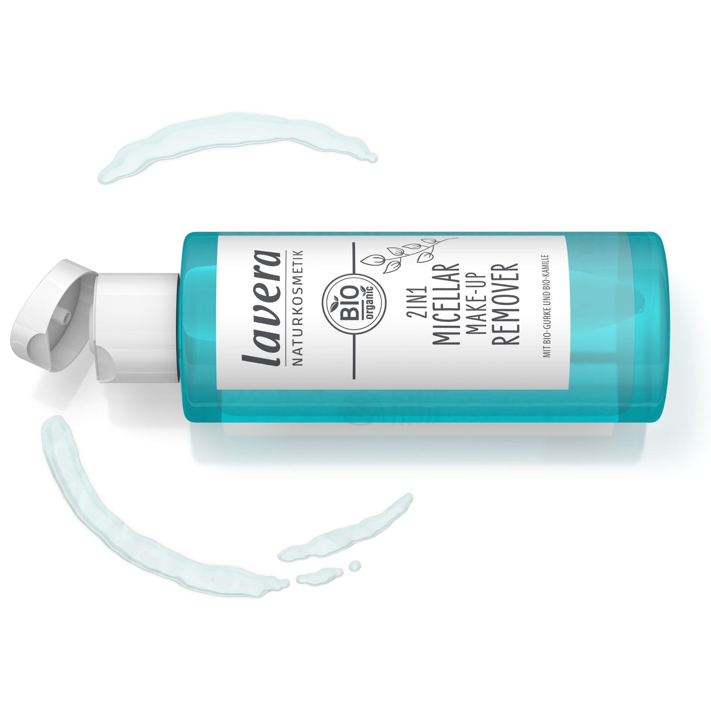 A bottle of Lavera 2-in-1 Micellar Make-Up Remover with a translucent turquoise body and a white cap, shown on a white background with decorative liquid smears.