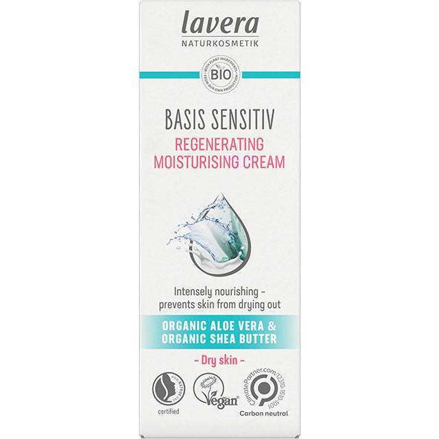 Lavera Basis Sensitiv Regenerating Moisturising Cream with organic aloe vera and shea butter. Tube in a box