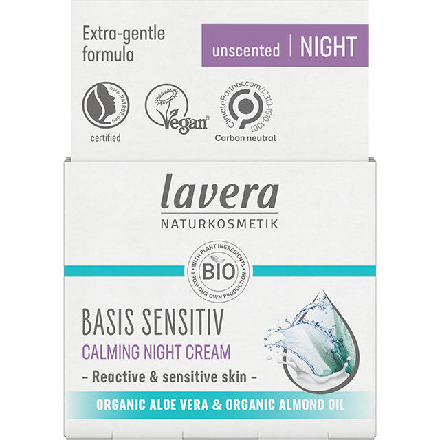 Lavera Basis Sensitive Calming Night Cream for ractive and sensitive skin with organic aloe vera and organic almond oil. Jar in a box