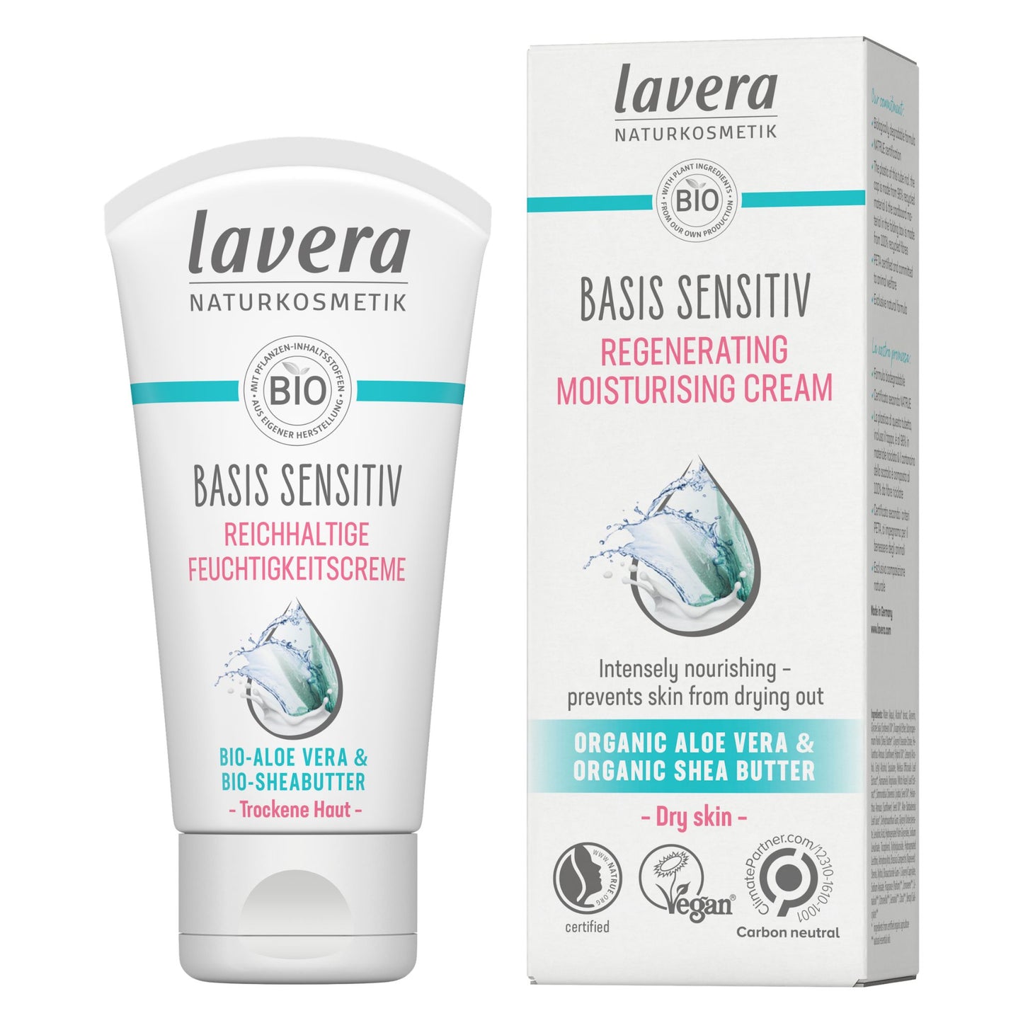 Lavera Basis Sensitive Regenerating Moisturising Cream shown as a white squeeze tube next to its matching white packaging box, featuring teal and pink text and a water droplet graphic.