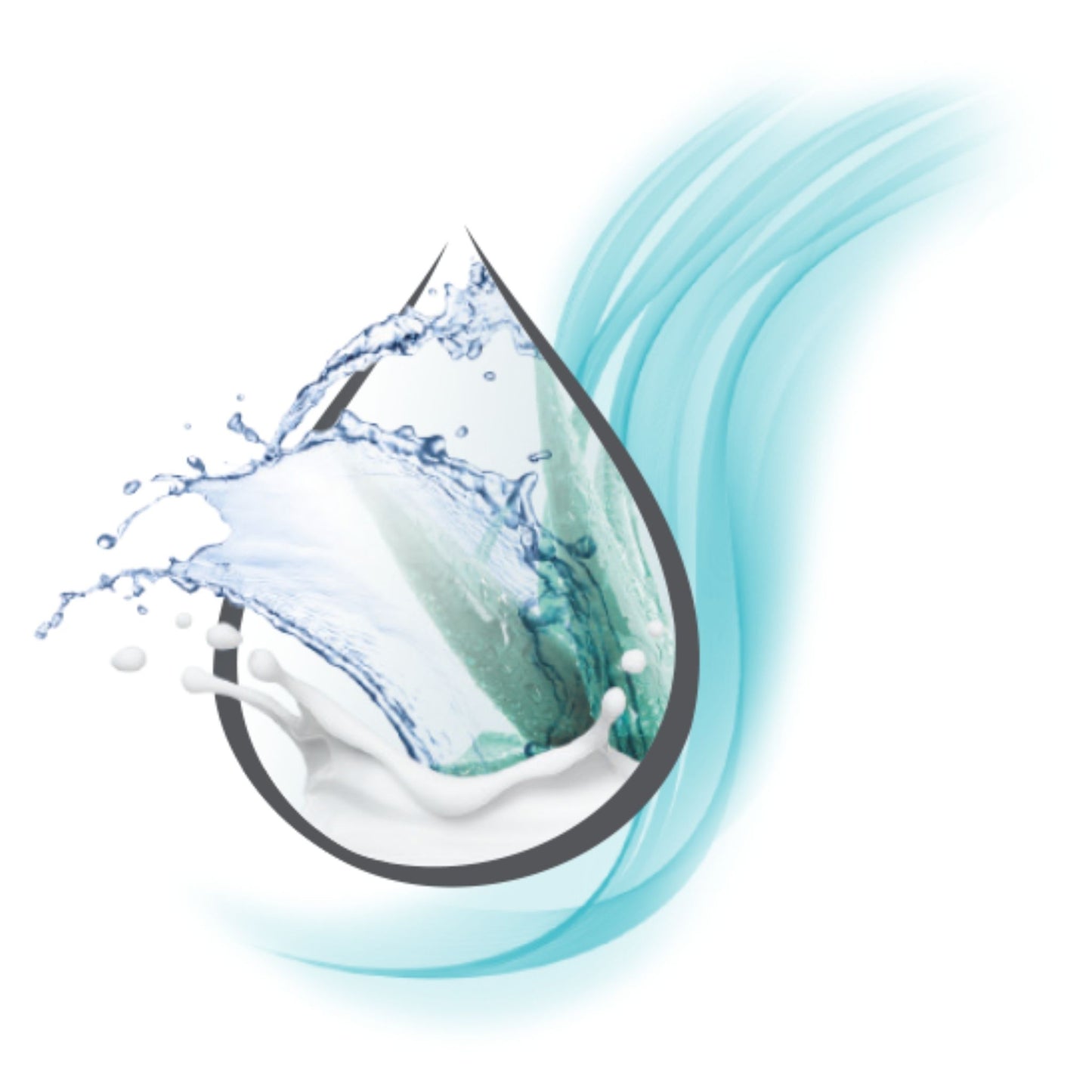 A stylised water droplet graphic with a black outline, showing blue and white water splashes and flowing aqua lines on a white background.