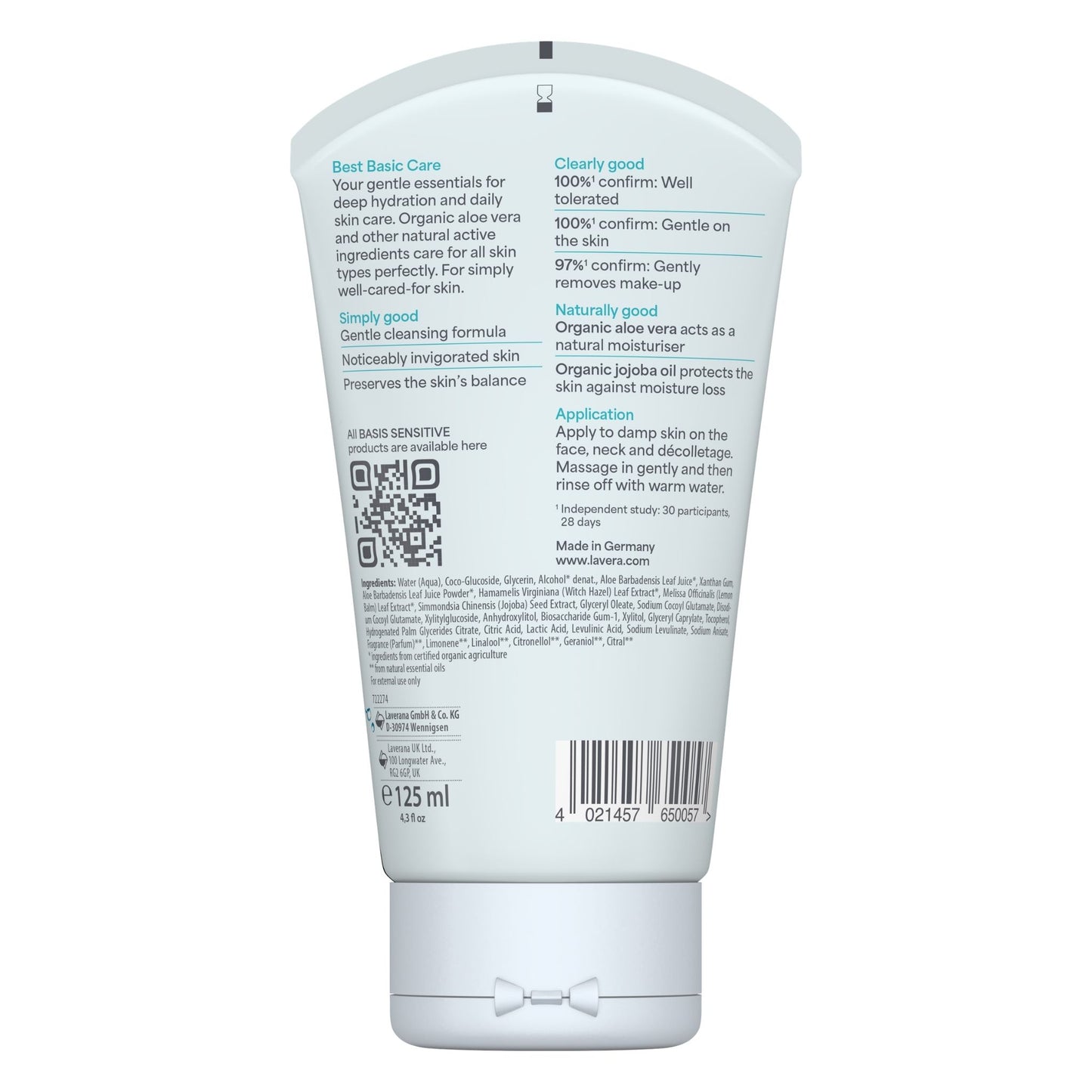Back of Lavera Basis Sensitive Cleansing Gel tube on a white background