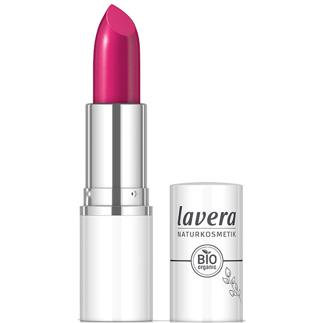 lavera Cream Glow Lipstick Pink Universe 08 is a fuchsia pink shade in a lipstick case with lid