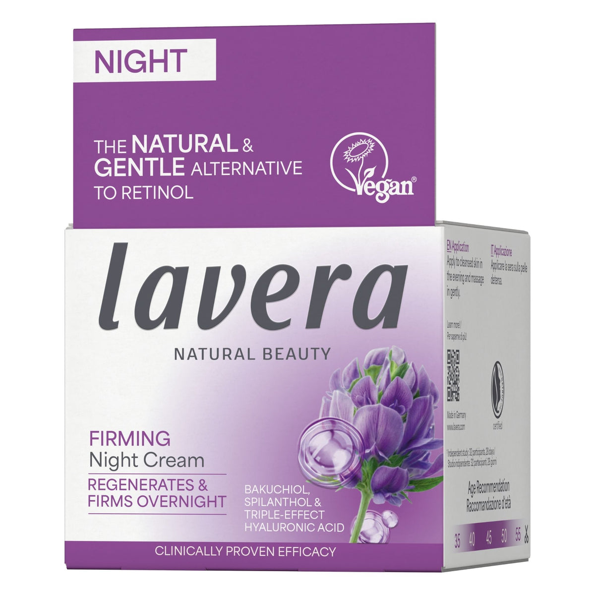 Lavera Firming Night Cream in a purple and white box packaging, featuring a purple flower illustration and a 'Vegan' logo.
