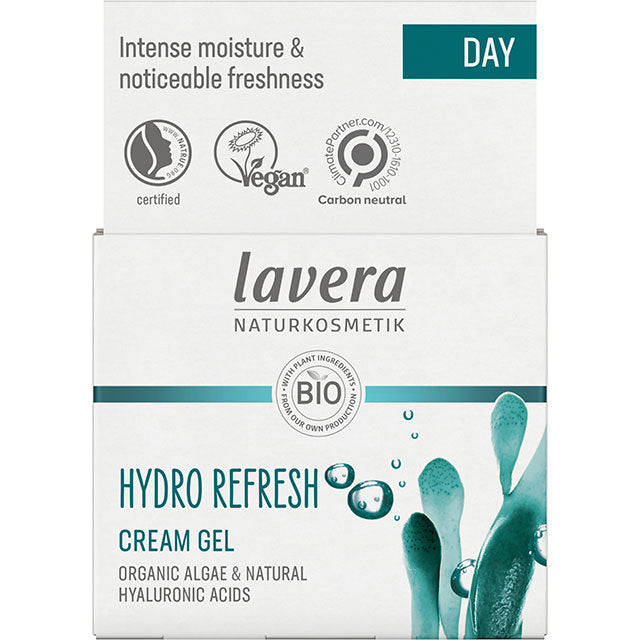 lavera Hydro Refresh Gel Cream is a day cream containing organic algae an d natural hyaluronic acids. Packaged in a recyclable jar in a box