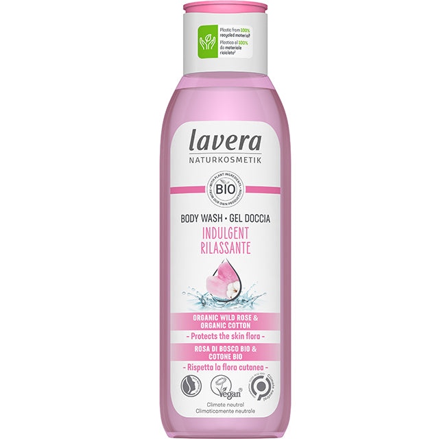 lavera Indulgent Body Wash with Organic Wild Rose and Organic Cotton Protect the skin flora in a plastic bottle made from 100% Recycled materials