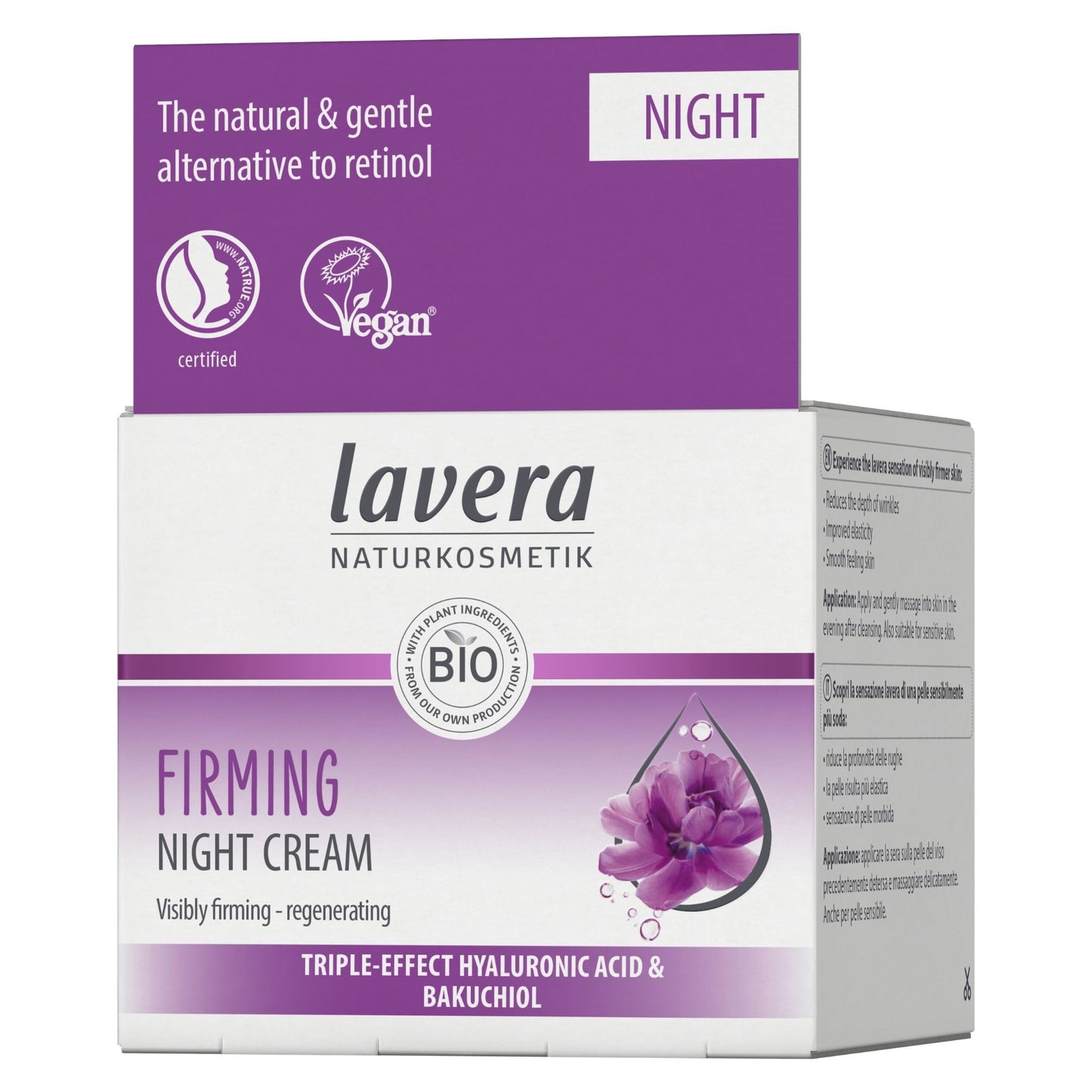 A box of Lavera Organic Firming Night Cream, featuring a purple and white colour scheme with a flower graphic and product details.