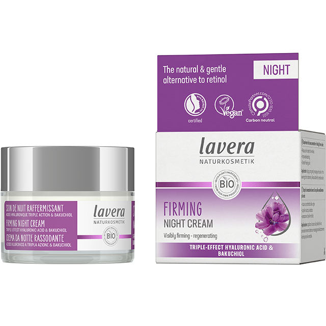Lavera Firming Night Cream with triple-effect hyaluronic acid and bakuchiol. In a jar in a biodegradable box