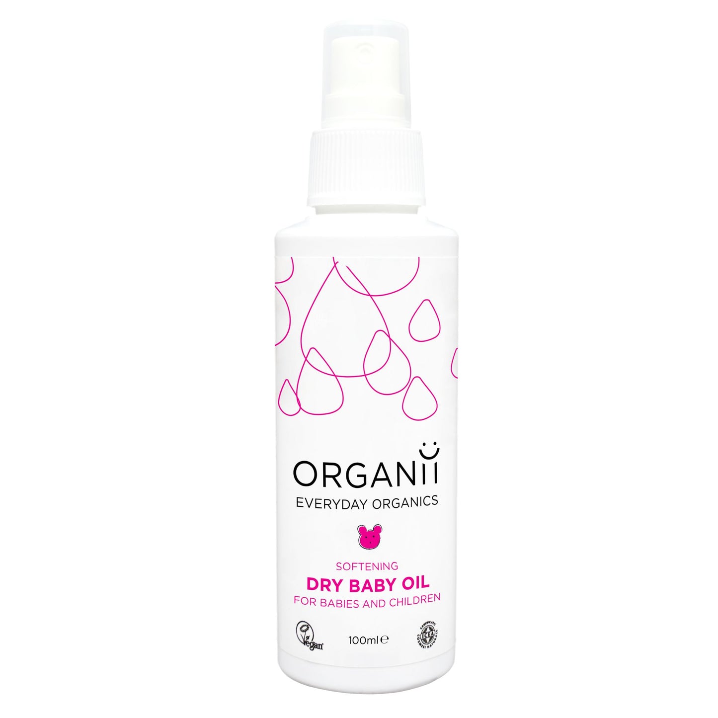 Organii Organic Dry Baby Oil for babies and children, a pump bottle on white background