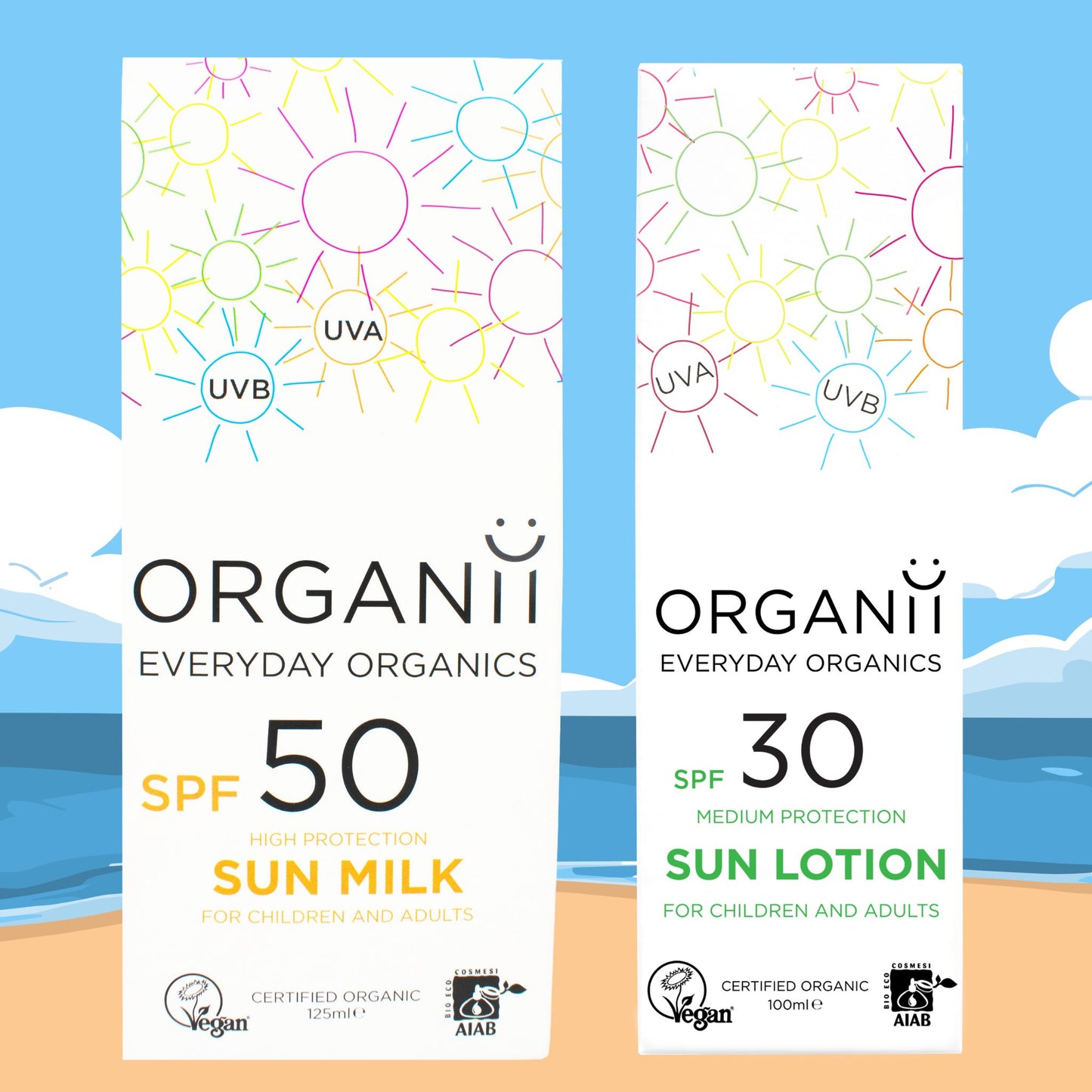 Two Boxes of Organii SPF50 Sun Milk and SPF30 Sun Lotion featuring UVA and UVB protection on a beach background
