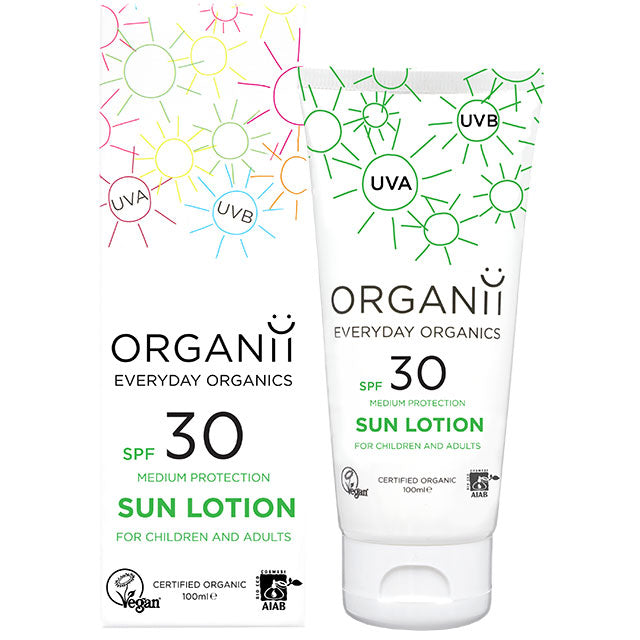 Organii SPF30 Sun Lotion gives medium protection is a plastic tube with a flip top cap in a cardboard box