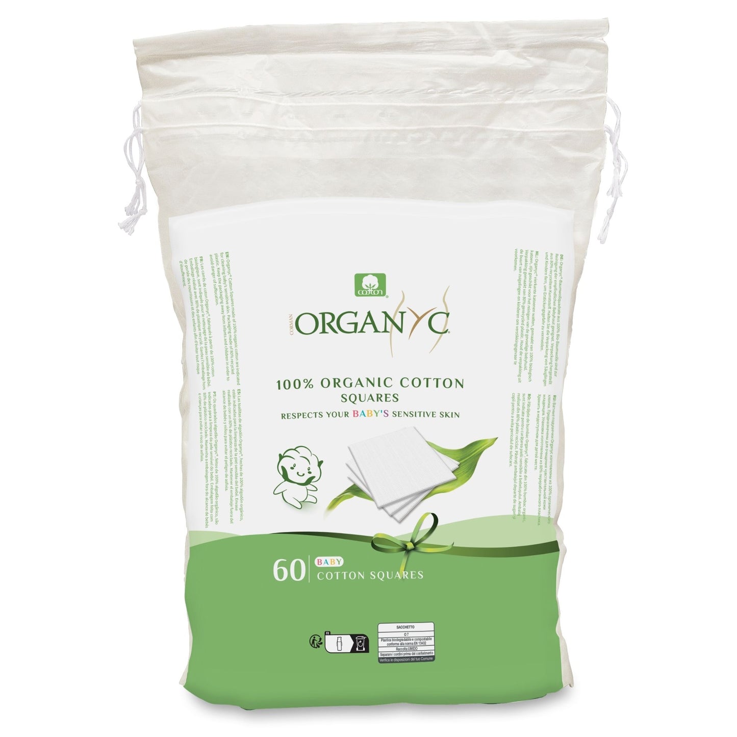 organyc baby cotton squares, respects your baby's sensitive skin containing 60 cotton squares on white background