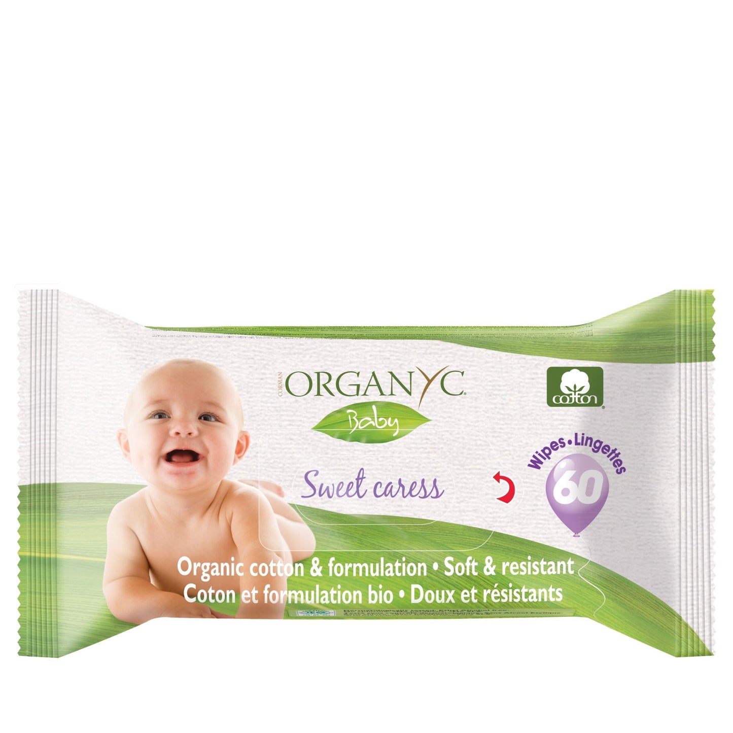 Organyc baby wipes packaging with a baby image on a white background
