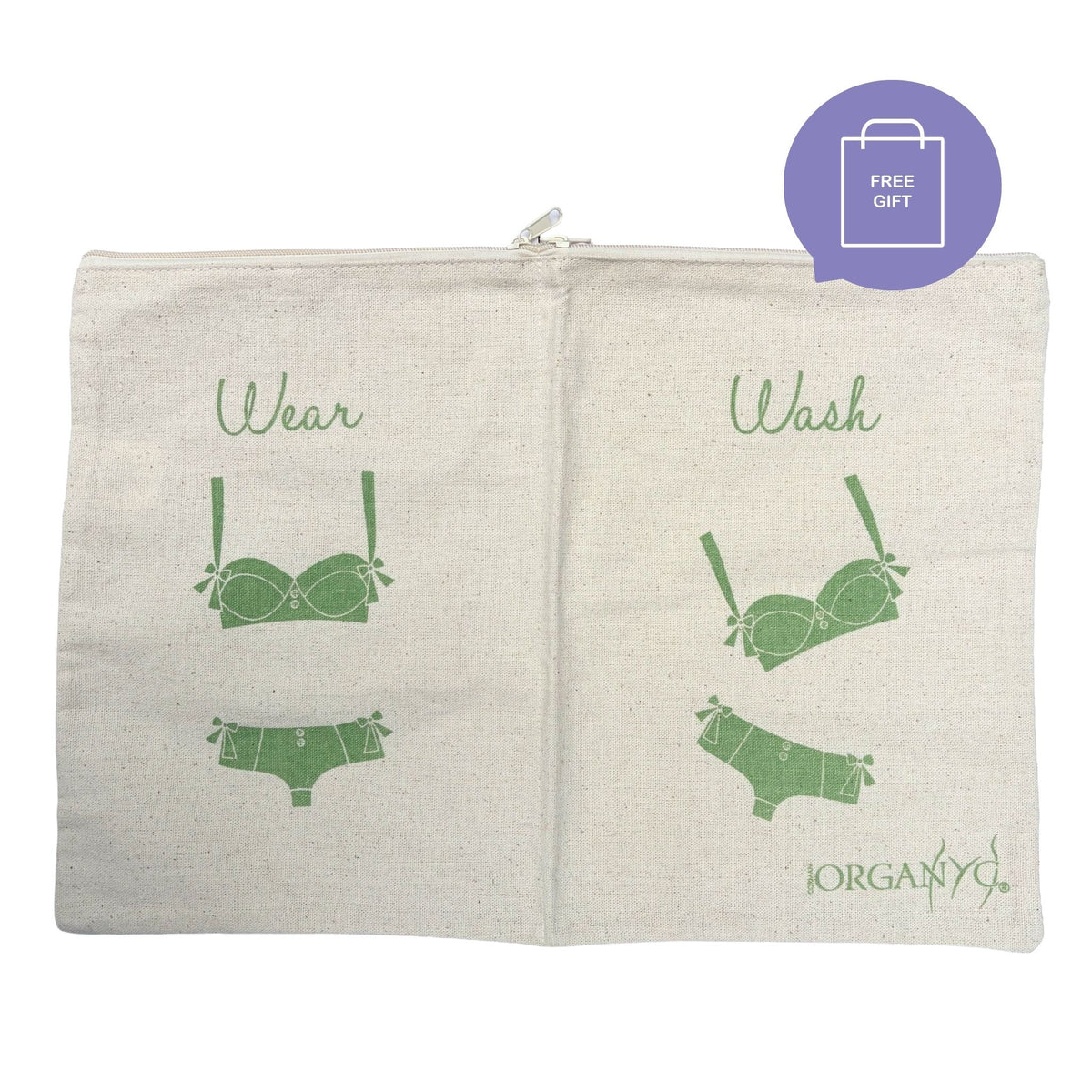 An off-white canvas zippered pouch with green printed graphics showing a bra and underwear under the words 'Wear' and 'Wash', on a white background with a purple 'FREE GIFT' badge in the top right.
