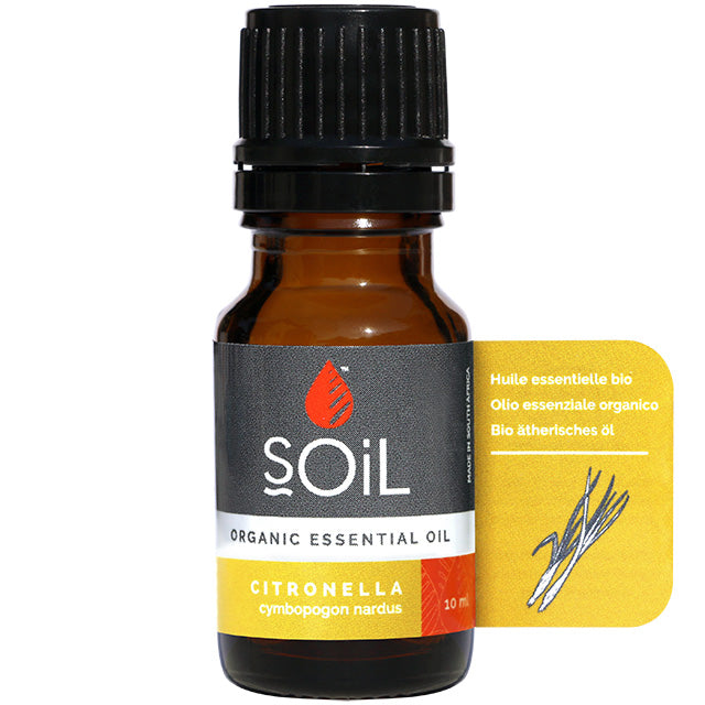 Soil Organic Essential Oil Citronella in a brown glass bottle with a screw top lid
