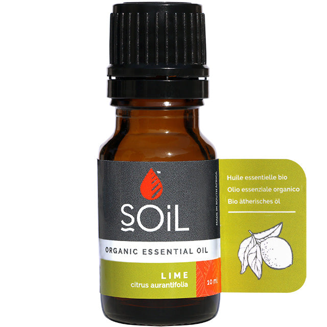 Soil Organic Essential Lime in a glass brown bottle with a screw top lid