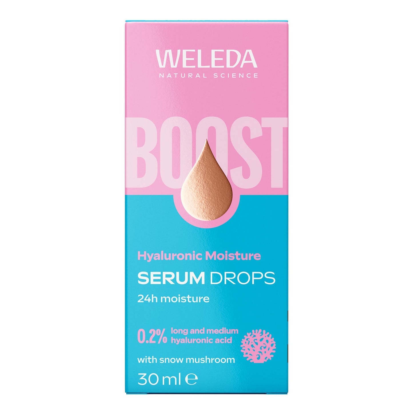 Weleda Natural Science Boost Hyaluronic Moisture Serum Drops 30 ml box packaging, featuring a pink and blue colour-blocked design with a teardrop-shaped on a white background.