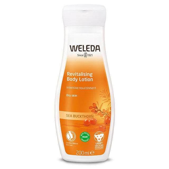 Weleda Revitalising Body Lotion with Sea Buckthorn in a plastic bottle