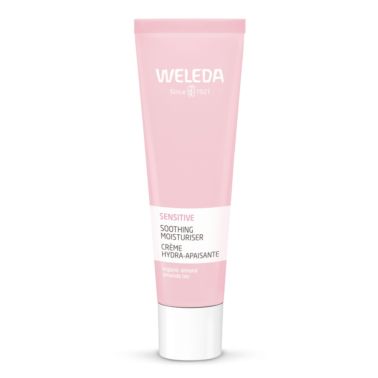 A pink squeeze tube of Weleda Sensitive Soothing Moisturiser with a white cap, centered on a clean white background.