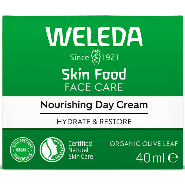 Weleda Skin Food Face Care Nourishing Day Cream with organic olive leaf in a jar in a box