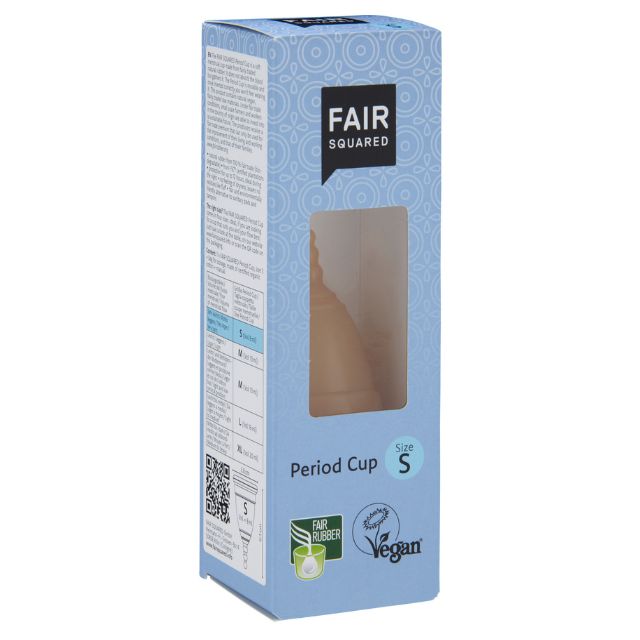 Blue packaging of a period cup s size with 'Fair Squared' branding on a white background