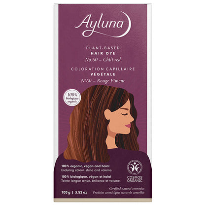 Ayluna Plant Based Hair Dye hilli Red No. 60 is in a packet inside the box 