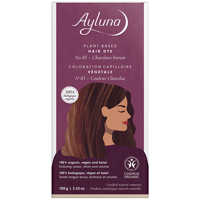 Ayluna Plant Based Hair Dye Chocolate Brown No.85 is in a packet inside the box 