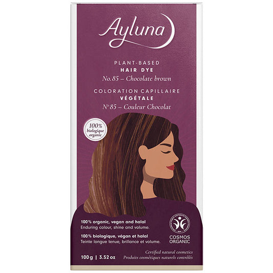 Ayluna Plant Based Hair Dye Chocolate Brown No.85 is in a packet inside the box 
