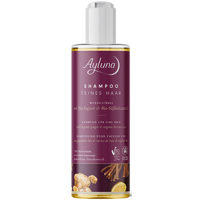 Ayluna Shampoo for Fine Hair with organic Ginger and organic licorice is in a plastic bottle with a push down cap 