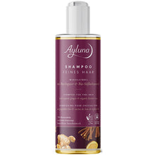 Ayluna Shampoo for Fine Hair with organic Ginger and organic licorice is in a plastic bottle with a push down cap 