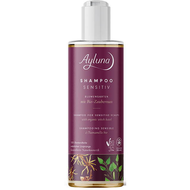 Ayluna Shampoo for Sensitive Scalp with organic witch hazel is in a plastic bottle with a push down cap 