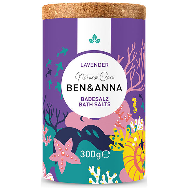 Ben and Anna Natural Care Lavender Bath Salts are in a round carboard tube with a cork lid.