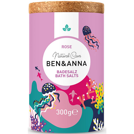 Ben and Anna Natural Care Rose Bath Salts in a round carboard tube with a cork lid.
