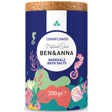 Ben and Anna  Natural care Cornflower Bath Salts in a round carboard tube iwth a cork lid. 