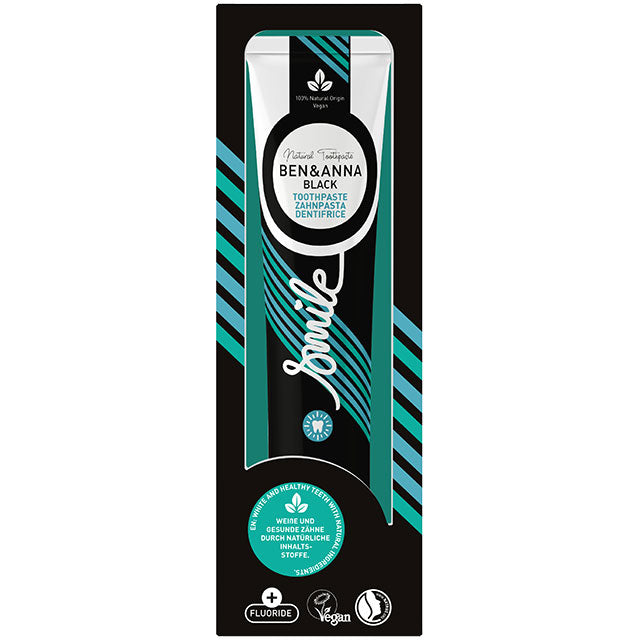Ben and Anna Black Toothpaste in a black and white tube in a black and teal coloured box 