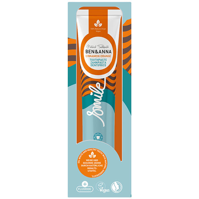 Ben and Anna Cinnamon and Orange Toothpaste in a coloured tube in an orange and blue box 
