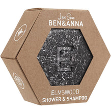 Ben and Anna Love Soap Elmswood Shower and Shampoo Solid Bar Soap with an E stamped in the middle of the black speckled with white  bar soap. In a hexagonal cut out front box 