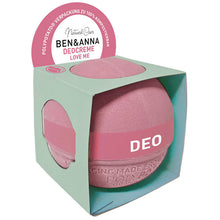 Ben and Anna Deo Cream Love Me in a pink sphere made of potato starch, wrapped in a aqua cardboard sleeve