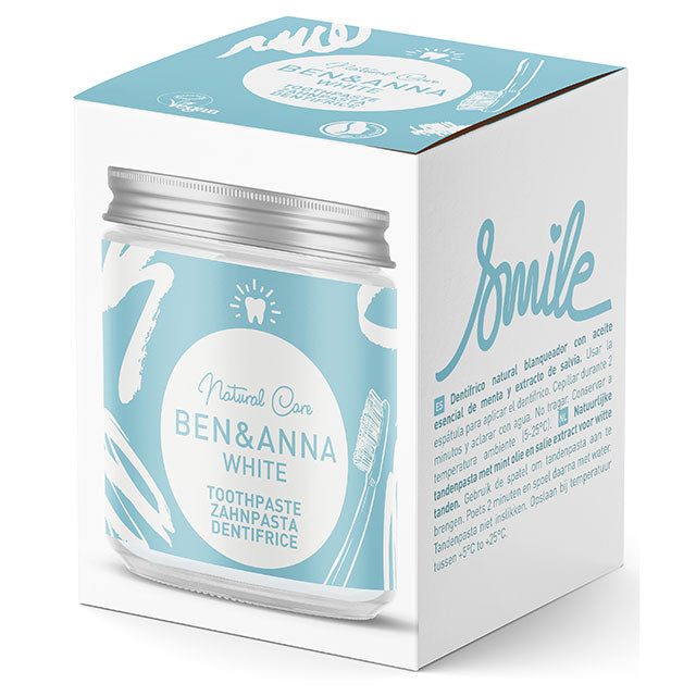 Ben and Anna Natural Toothpaste White. a jar with spatula in a box 